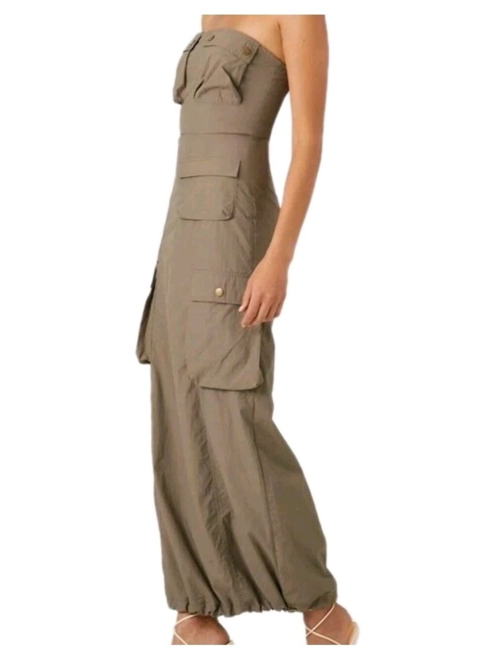 Cherry Mellow Utility Parachute Tube Maxi Dress Khaki Strapless Grunge Rave Punk